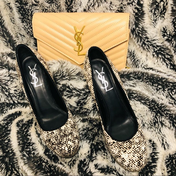 YSL Yves Saint Laurent Tribtoo Platform 105 Pumps Heels black & cream 38.5 au 8 - Picture 2 of 15